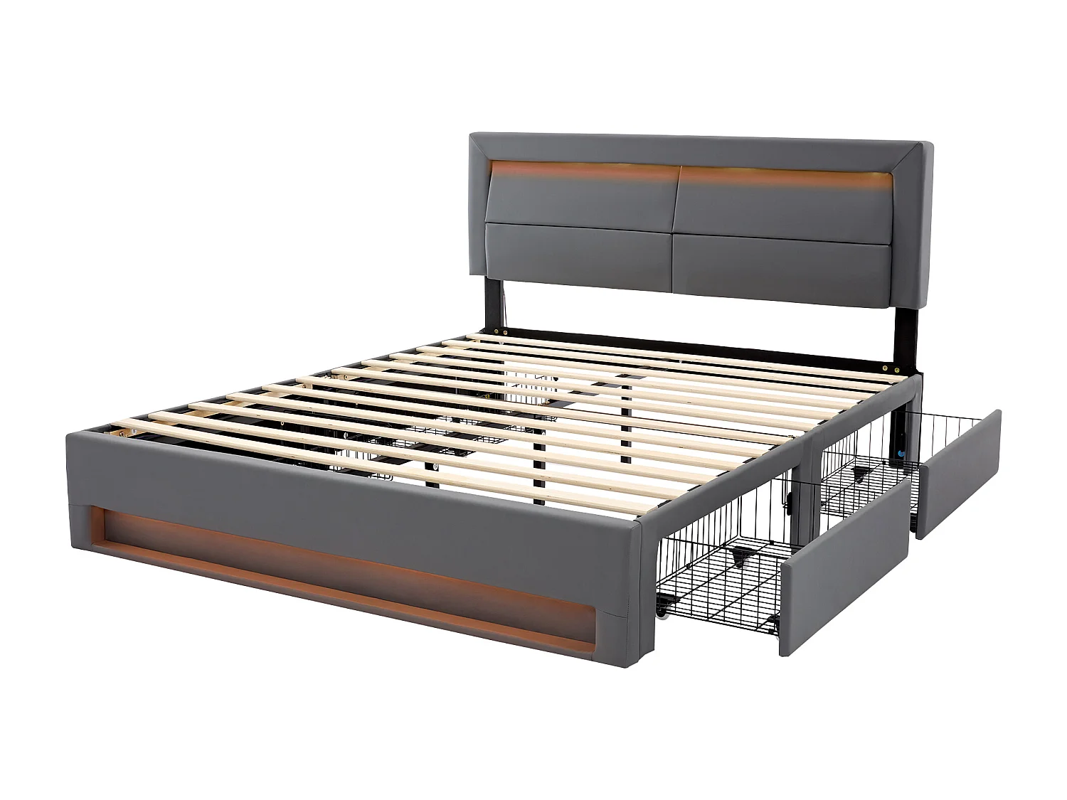 Lit capitonné 140 x 190 cm avec ports USB, éclairage LED et 4 tiroirs de rangement en PU gris