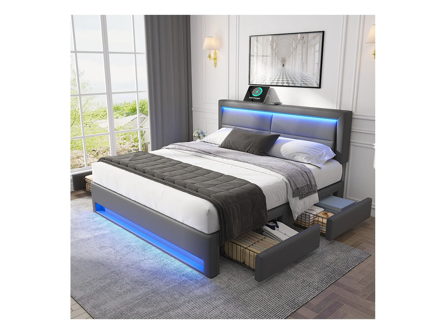 Lit capitonné 140 x 190 cm avec ports USB, éclairage LED et 4 tiroirs de rangement en PU gris