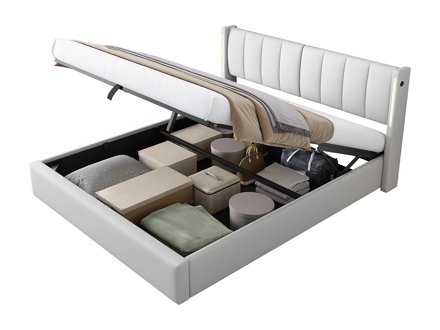 Lit rembourré multifonctionnel 160 x 200 cm, avec USB rechargeable, éclairage LED et tête de lit réglable