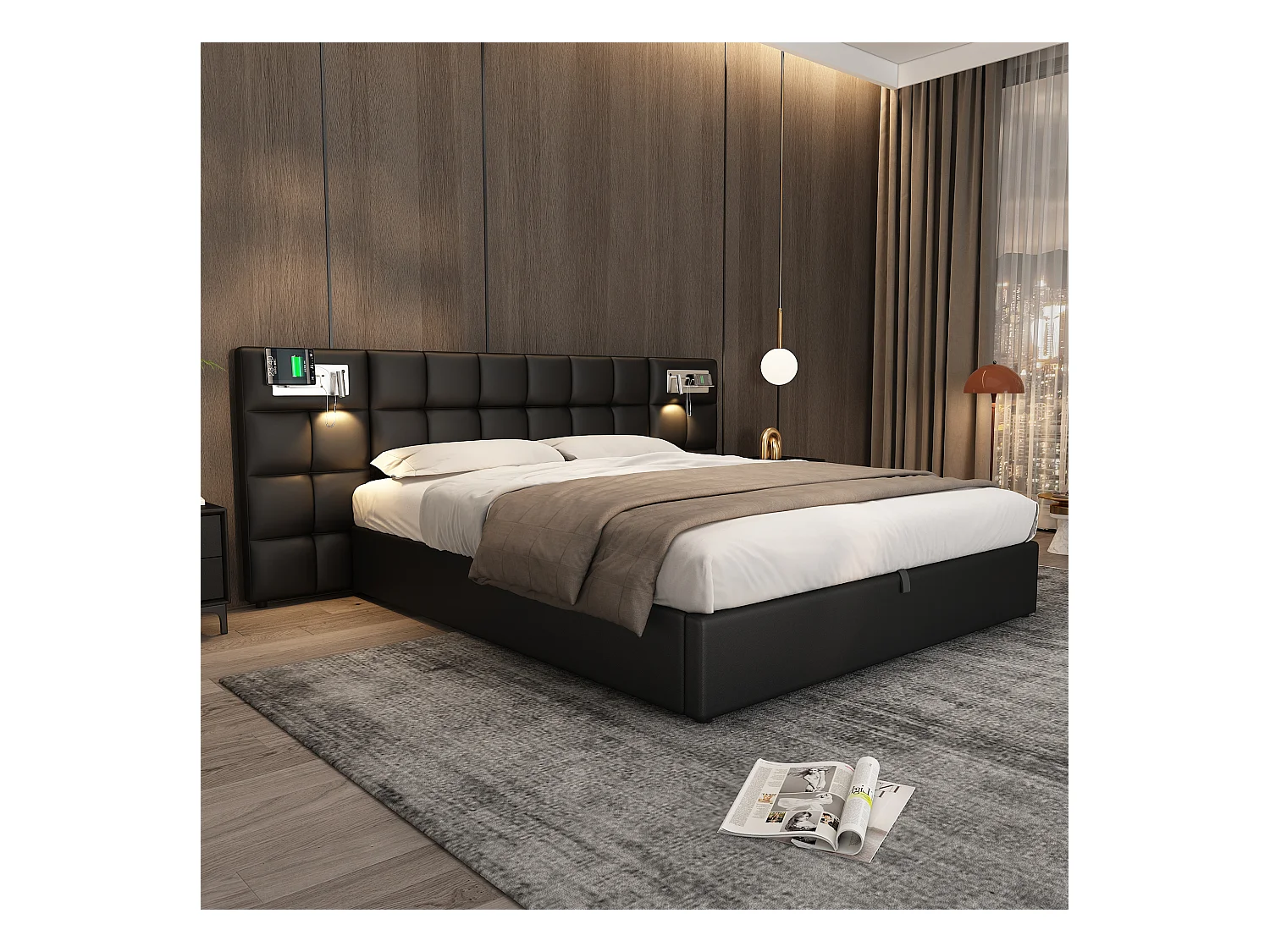 Lit rembourré 180 x 200 cm avec rangement hydraulique, port USB et charge sans fil, noir