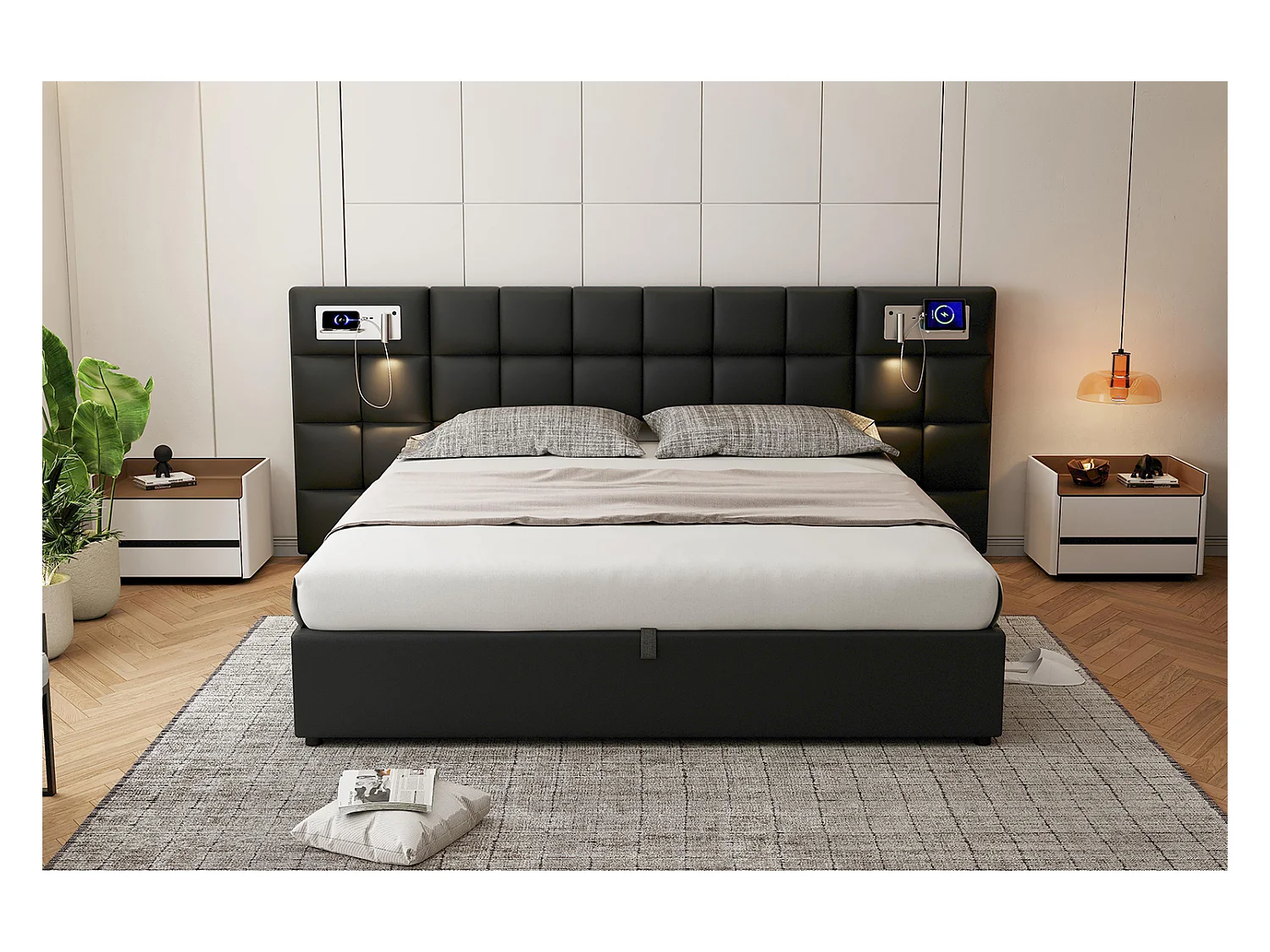 Lit rembourré 180 x 200 cm avec rangement hydraulique, port USB et charge sans fil, noir
