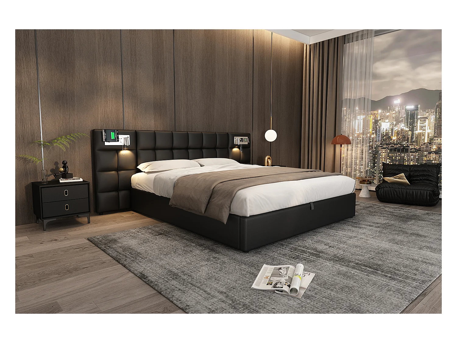 Lit rembourré 180 x 200 cm avec rangement hydraulique, port USB et charge sans fil, noir