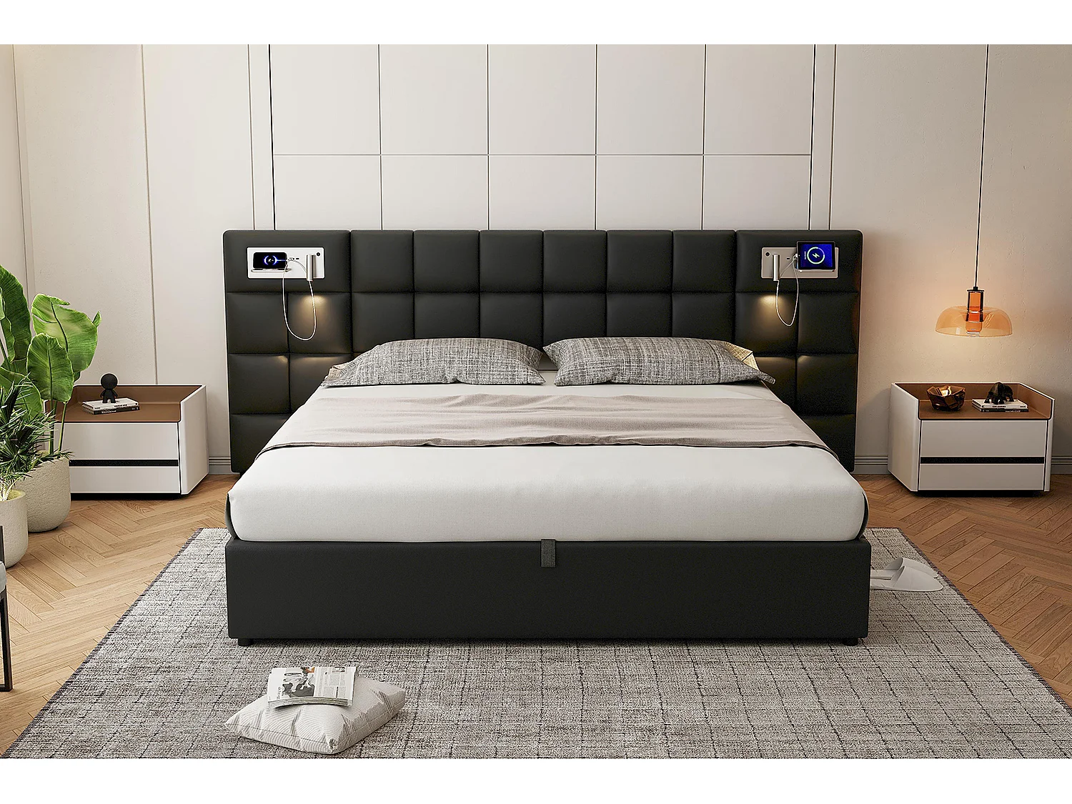 Lit rembourré 180 x 200 cm avec rangement hydraulique, port USB et charge sans fil, noir