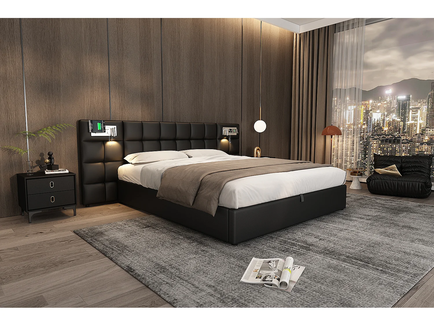 Lit rembourré 180 x 200 cm avec rangement hydraulique, port USB et charge sans fil, noir