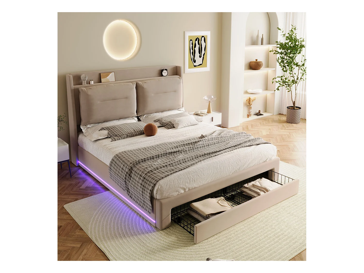 Lit rembourré multifonctionnel 180×200 cm, beige, avec éclairage LED et tiroirs de rangement intégrés