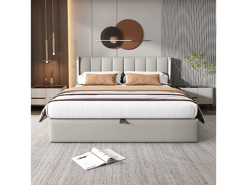 Lit rembourré multifonctionnel 180 x 200 cm, gris, avec éclairage LED et USB, tête de lit réglable