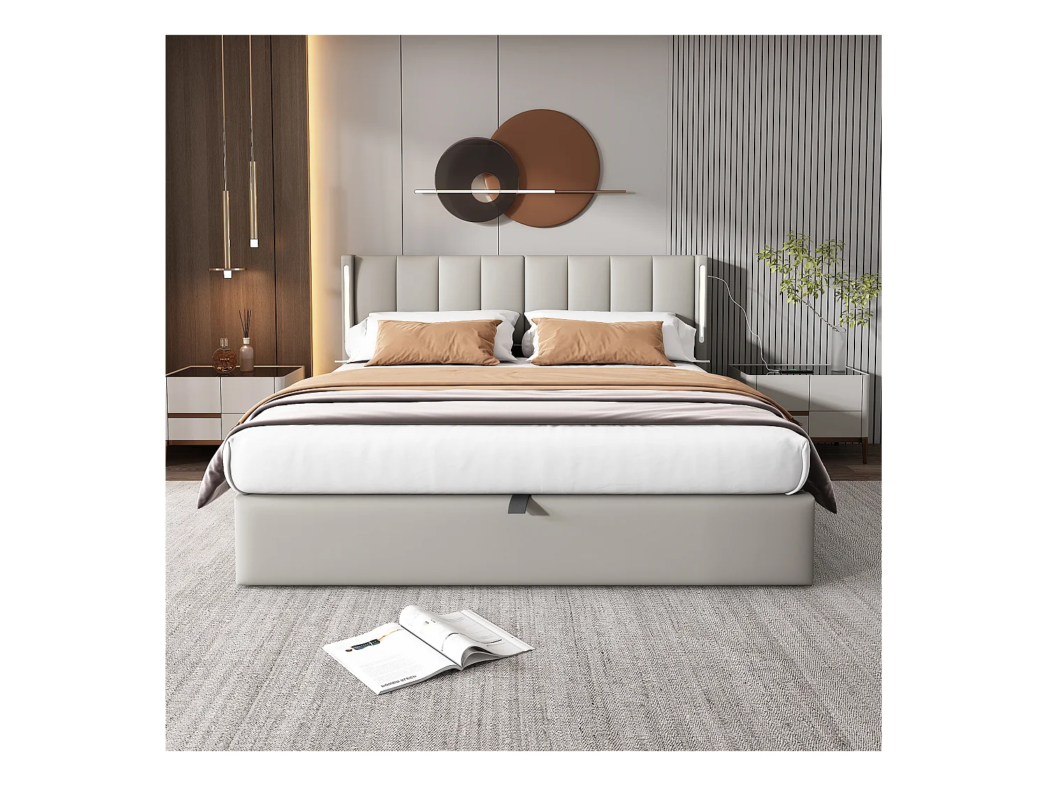 Lit rembourré multifonctionnel 180 x 200 cm, gris, avec éclairage LED et USB, tête de lit réglable