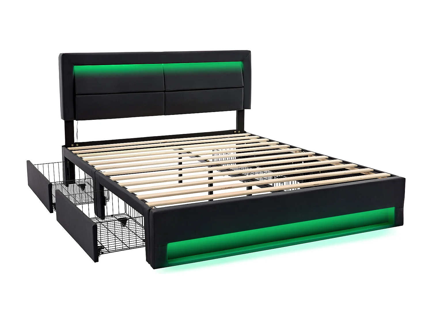 Lit capitonné 140 x 190 cm avec ports USB, éclairage LED et 4 tiroirs de rangement en PU noir