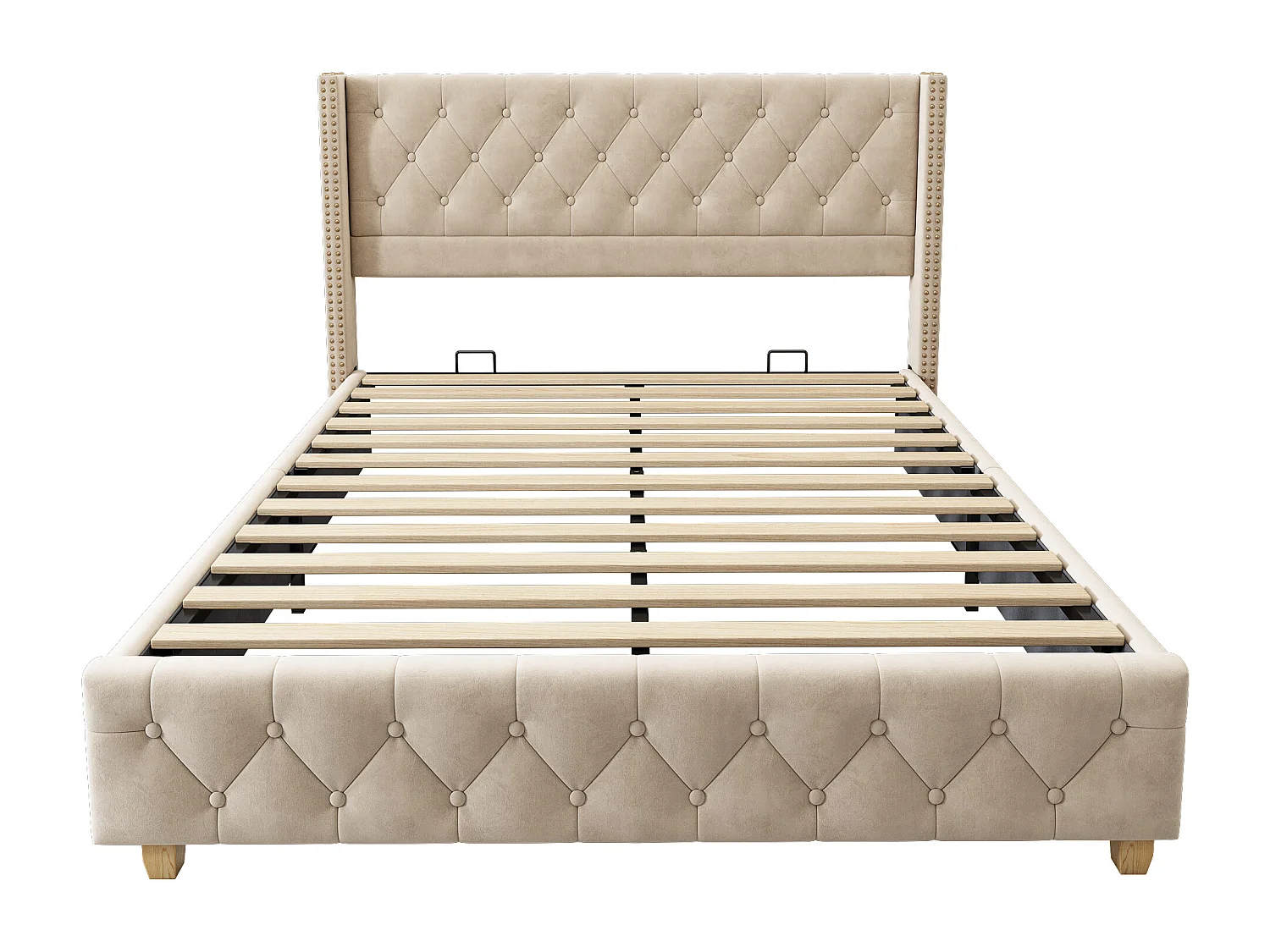Lit rembourré 160×200 cm avec sommier, tête de lit en velours, boutons et clous décoratifs, beige clair