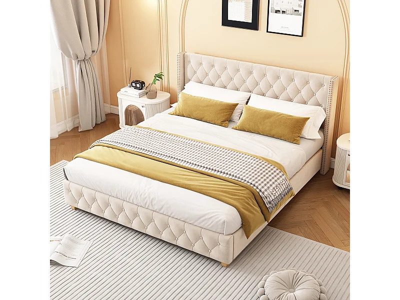 Lit rembourré 160×200 cm avec sommier, tête de lit en velours, boutons et clous décoratifs, beige clair