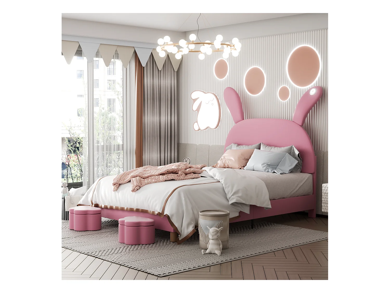 Lit avec rangement 140x200 cm, en velours rose, avec deux bancs de rangement et éclairage LED