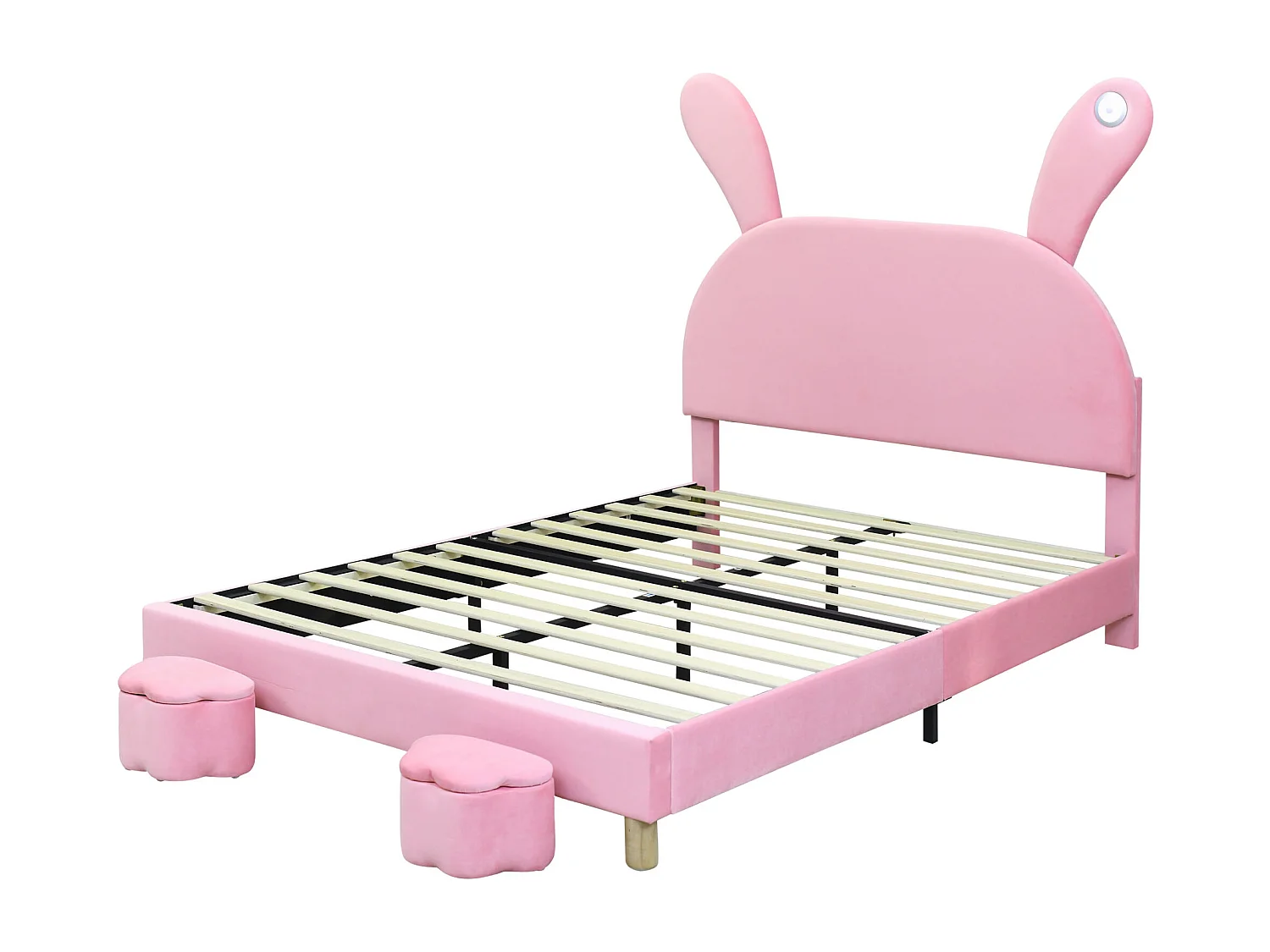 Lit avec rangement 140x200 cm, en velours rose, avec deux bancs de rangement et éclairage LED