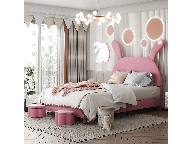 Lit avec rangement 140x200 cm, en velours rose, avec deux bancs de rangement et éclairage LED
