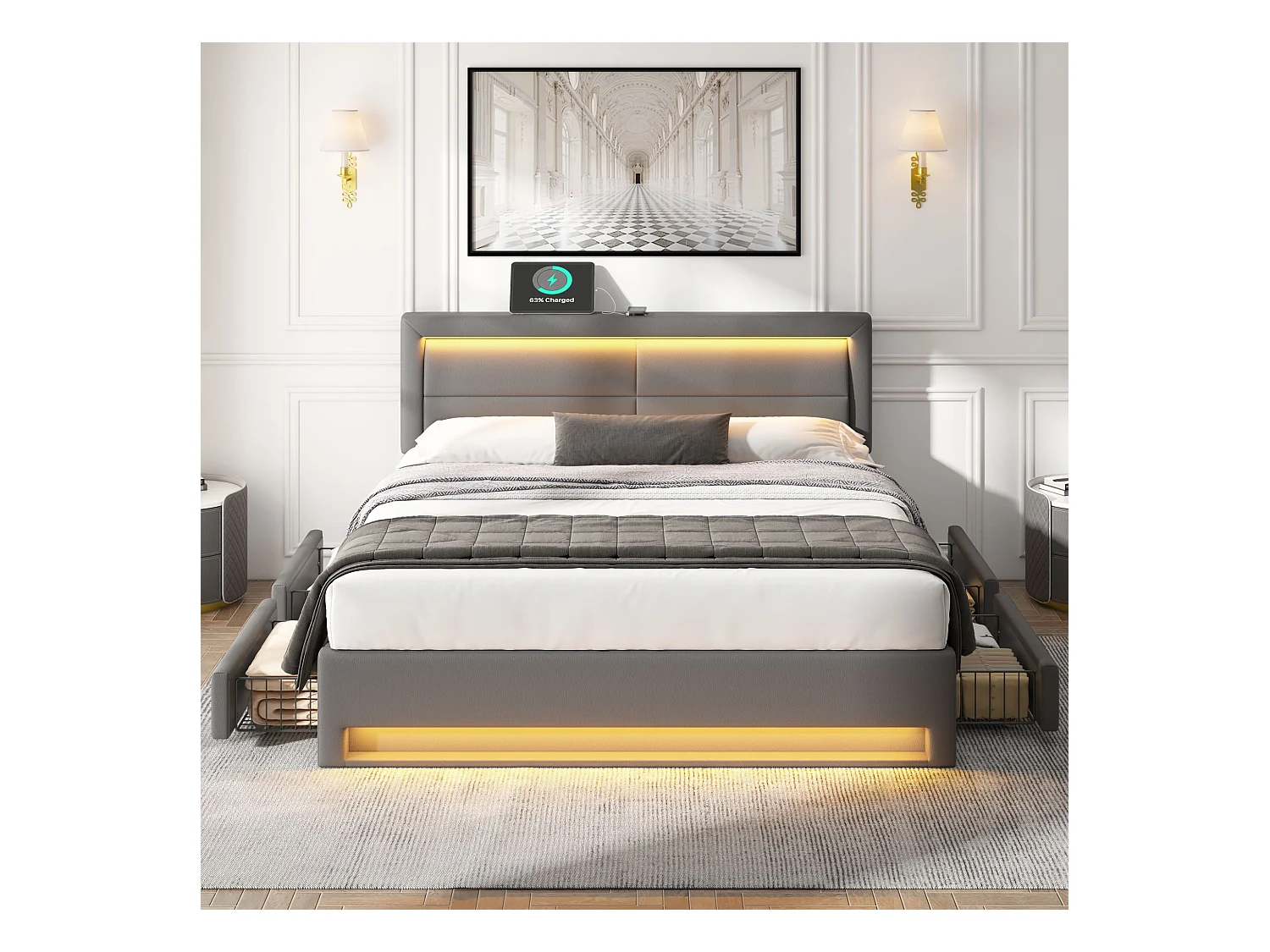Lit rembourré 140 x 200 cm avec ports USB, éclairage LED et 4 tiroirs de rangement, gris