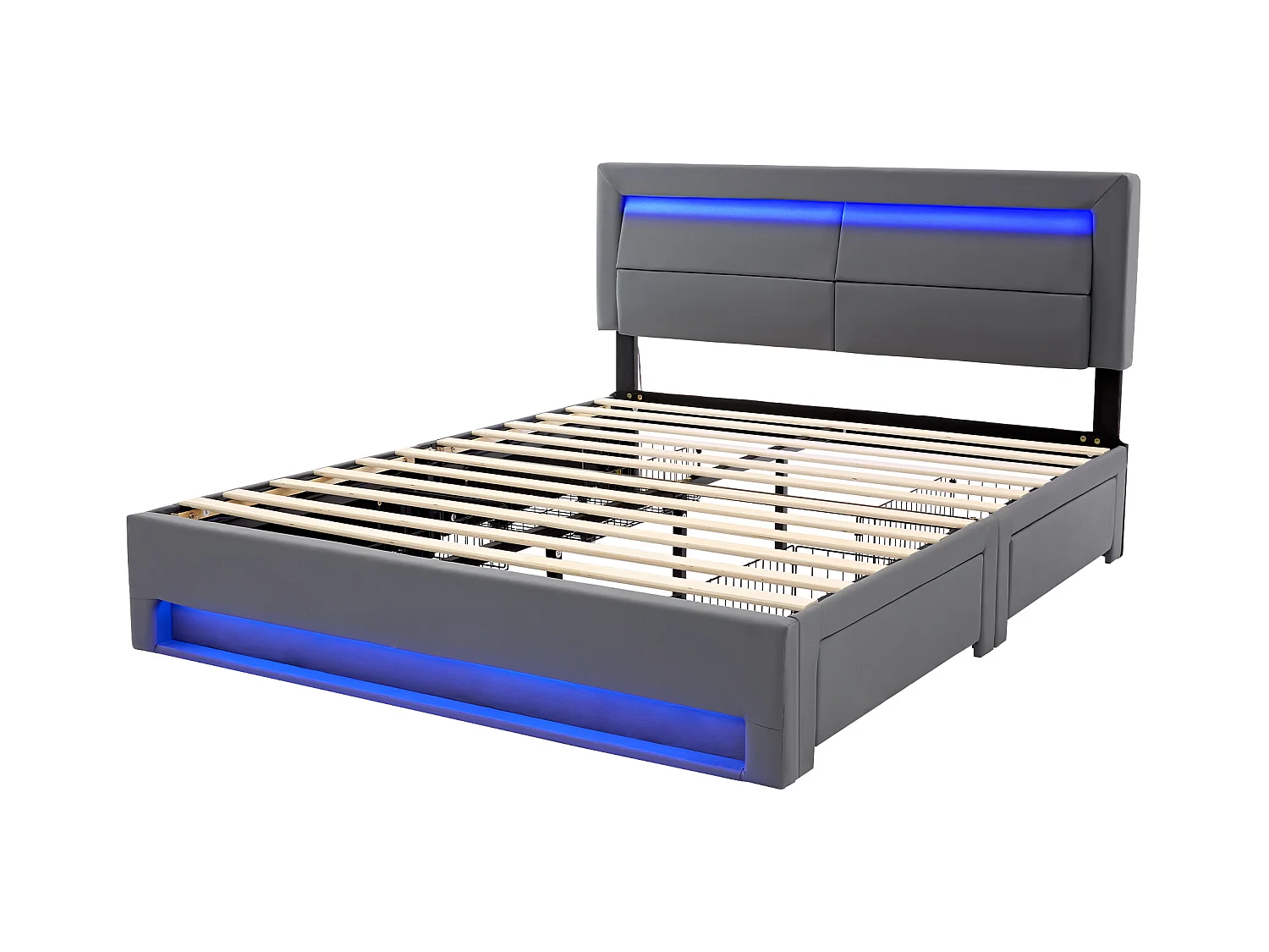 Lit rembourré 140 x 200 cm avec ports USB, éclairage LED et 4 tiroirs de rangement, gris