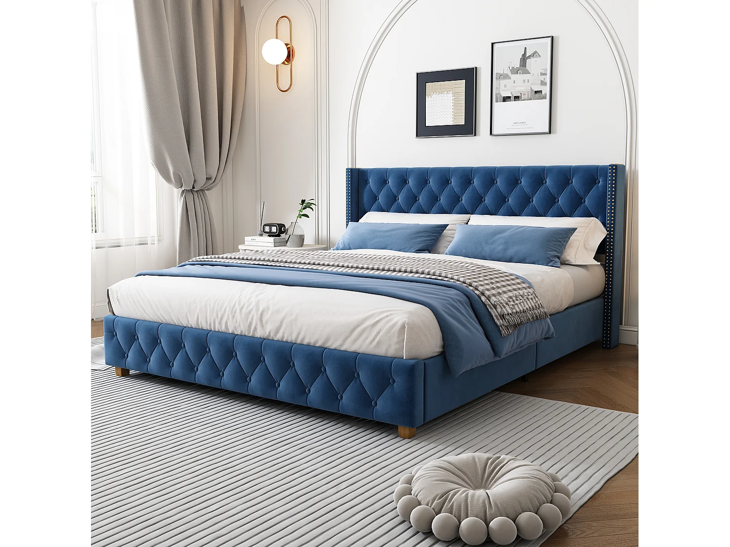 Lit rembourré 160×200 cm avec sommier et tête de lit, capitonnage, clous, pieds en bois, velours, bleu