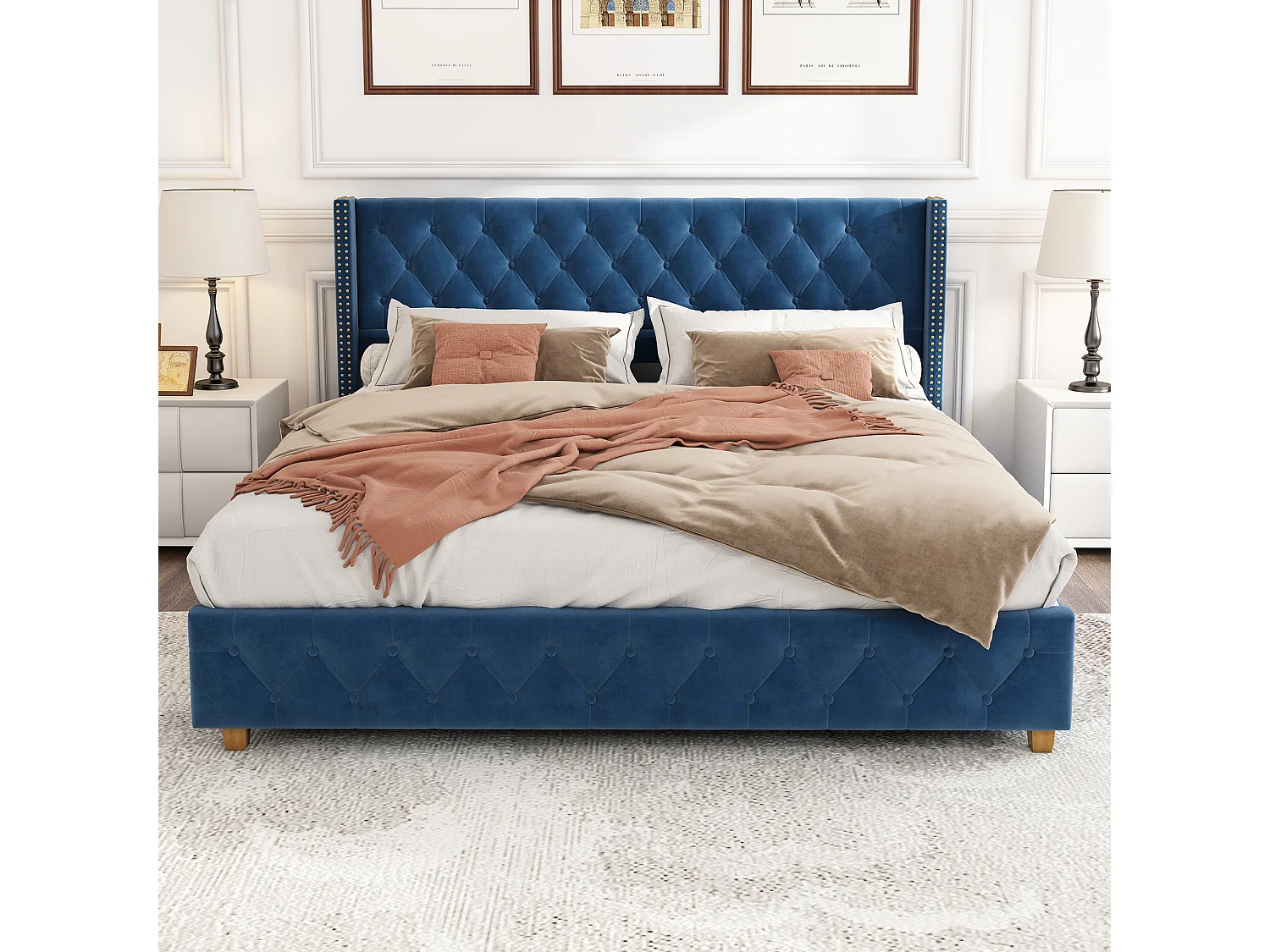 Lit rembourré 160×200 cm avec sommier et tête de lit, capitonnage, clous, pieds en bois, velours, bleu