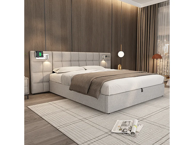 Lit rembourré 180 x 200 cm avec rangement hydraulique, port USB et charge sans fil, éclairage intégré