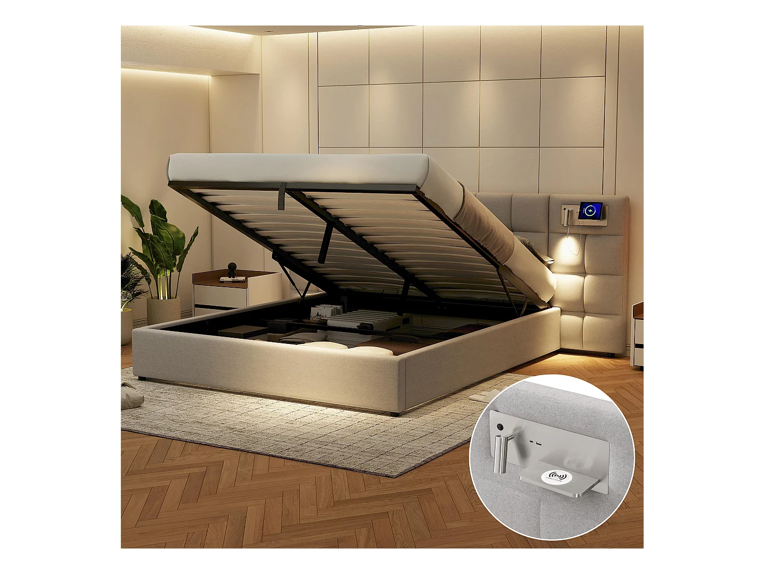 Lit rembourré 180 x 200 cm avec rangement hydraulique, port USB et charge sans fil, éclairage intégré