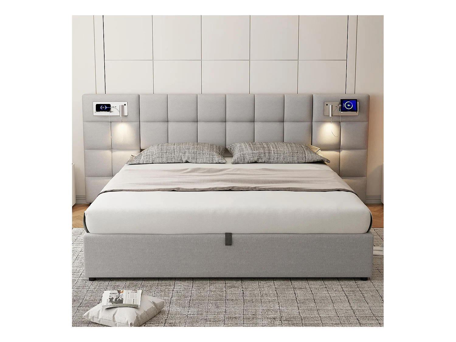 Lit rembourré 180 x 200 cm avec rangement hydraulique, port USB et charge sans fil, éclairage intégré