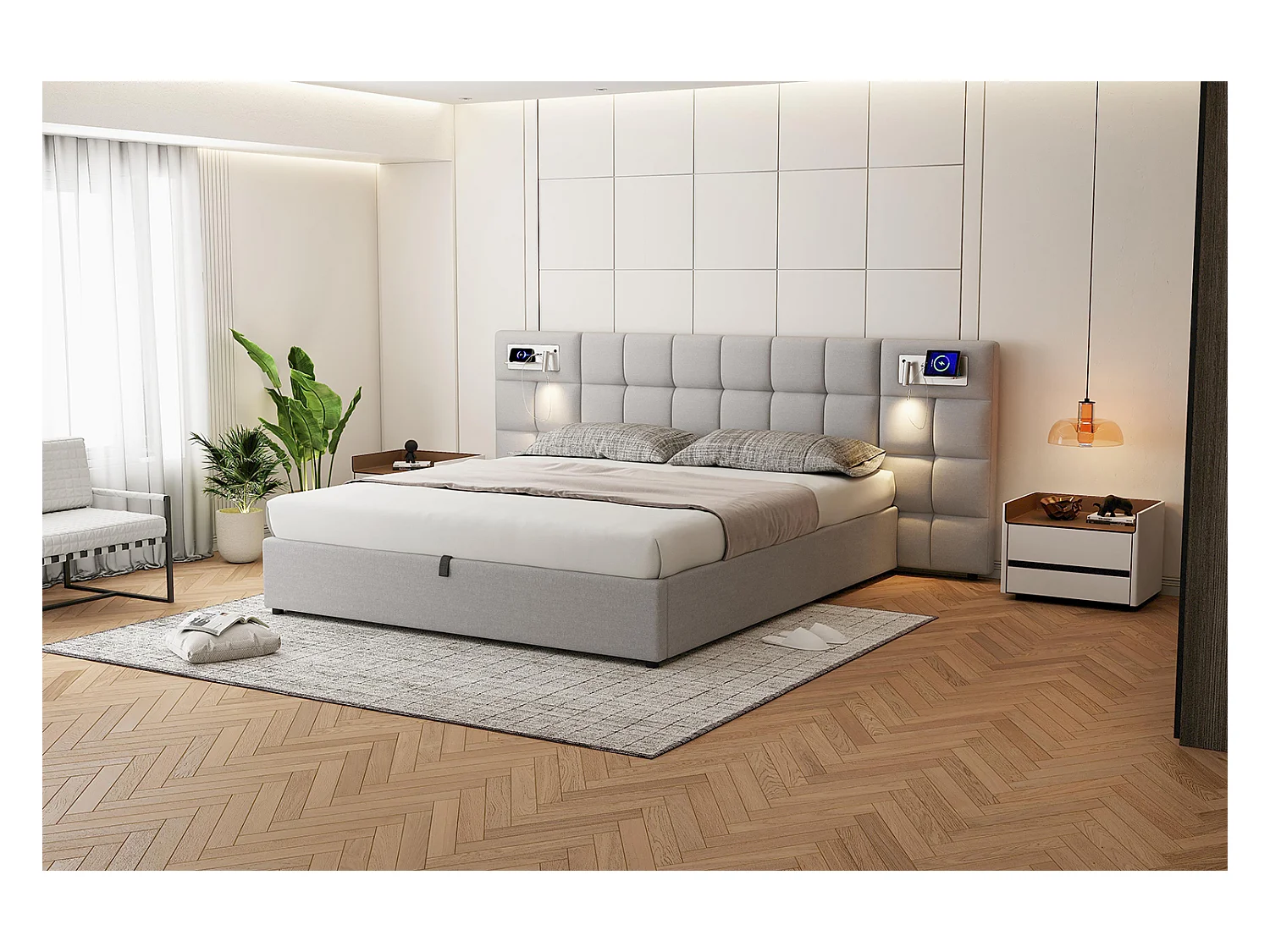 Lit rembourré 180 x 200 cm avec rangement hydraulique, port USB et charge sans fil, éclairage intégré