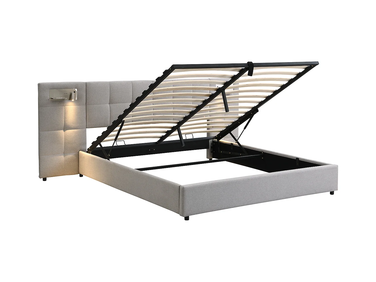 Lit rembourré 180 x 200 cm avec rangement hydraulique, port USB et charge sans fil, éclairage intégré