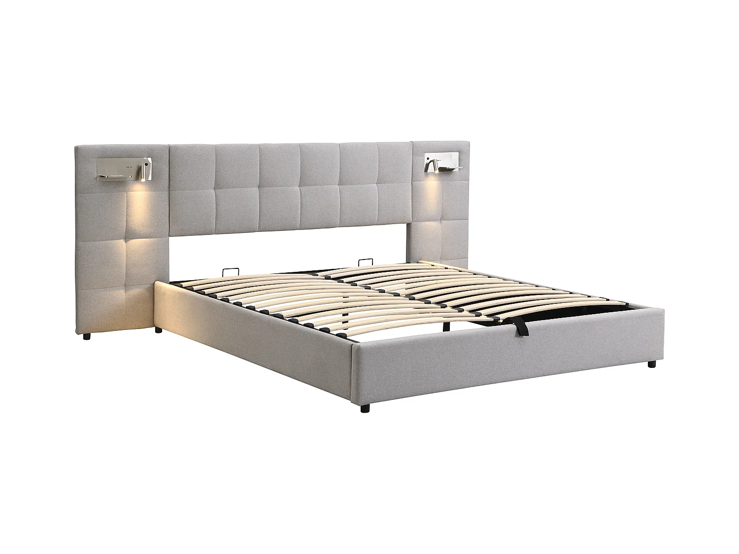 Lit rembourré 180 x 200 cm avec rangement hydraulique, port USB et charge sans fil, éclairage intégré