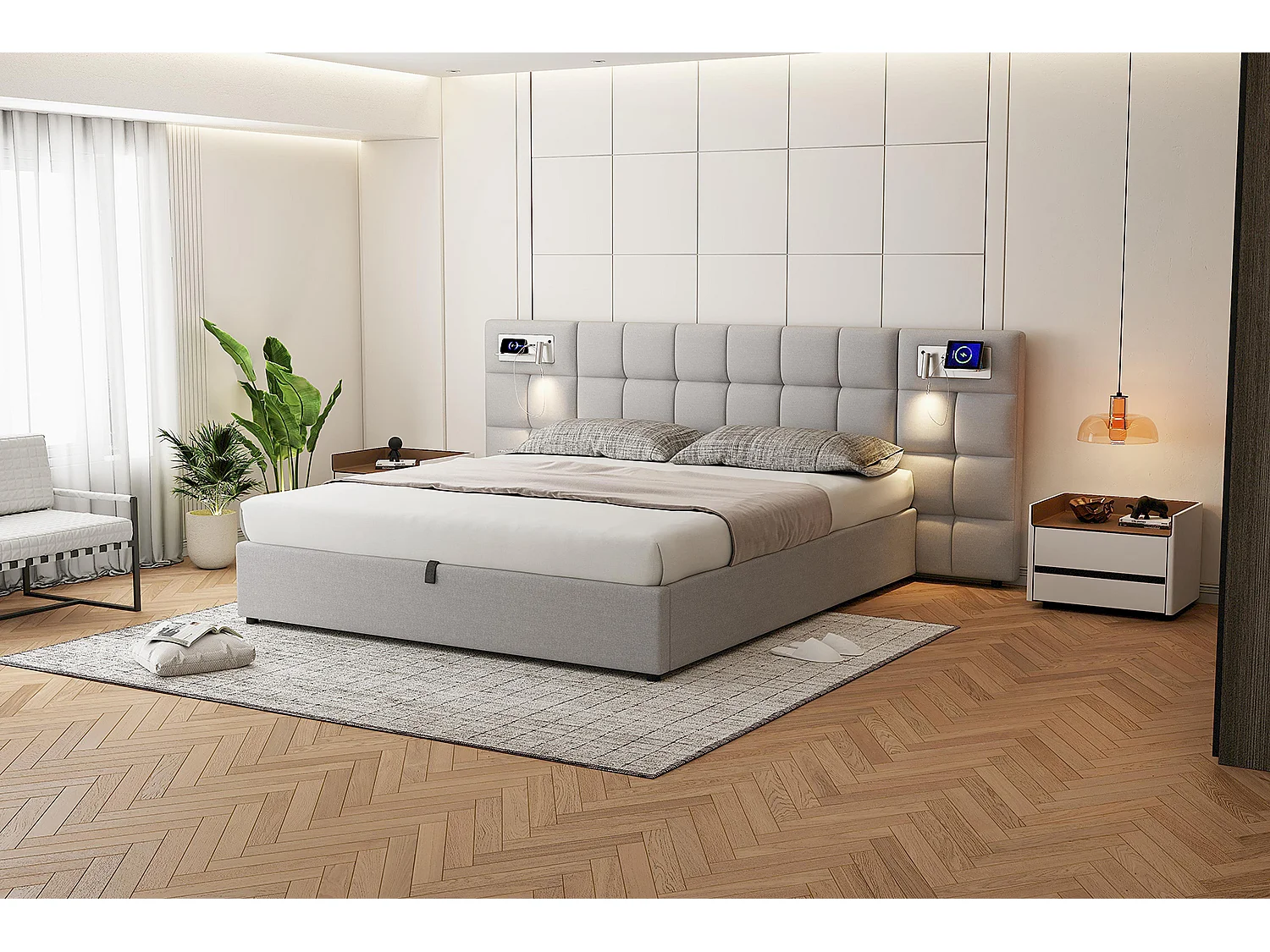 Lit rembourré 180 x 200 cm avec rangement hydraulique, port USB et charge sans fil, éclairage intégré