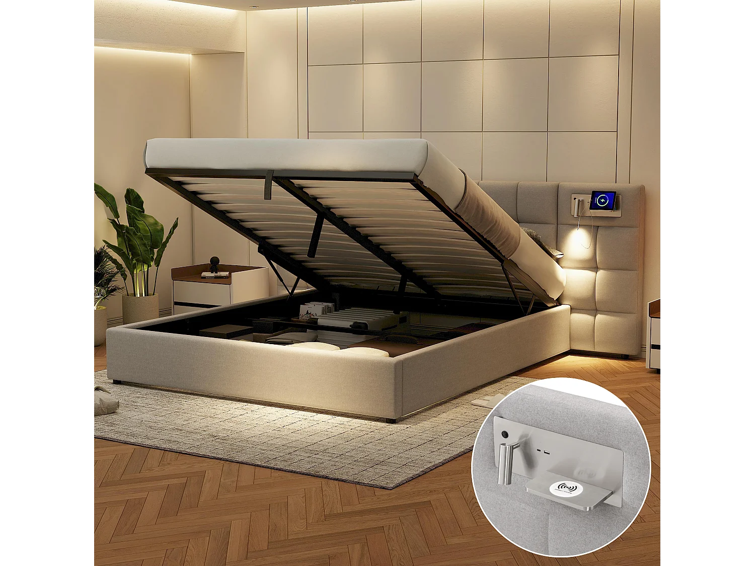 Lit rembourré 180 x 200 cm avec rangement hydraulique, port USB et charge sans fil, éclairage intégré