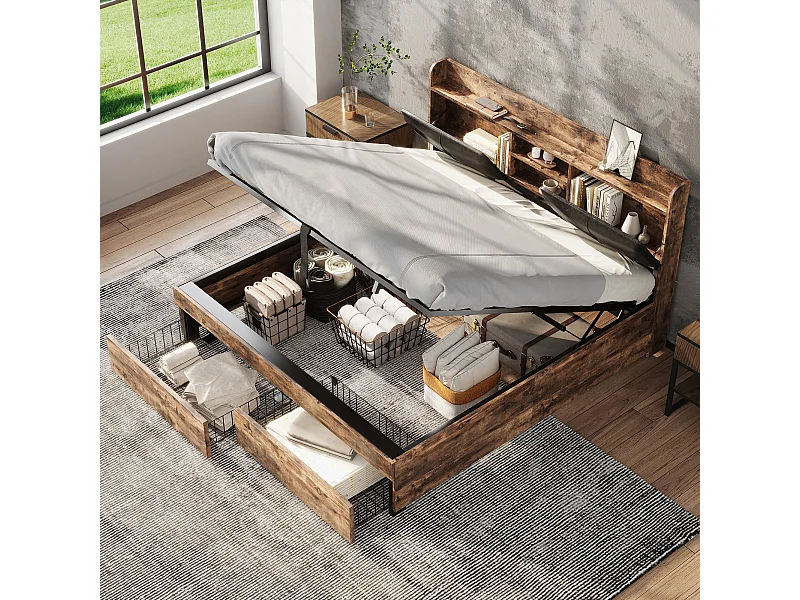 Lit en métal 140 x 200 cm avec tête de lit de rangement, 2 tiroirs et sommier à lattes en métal