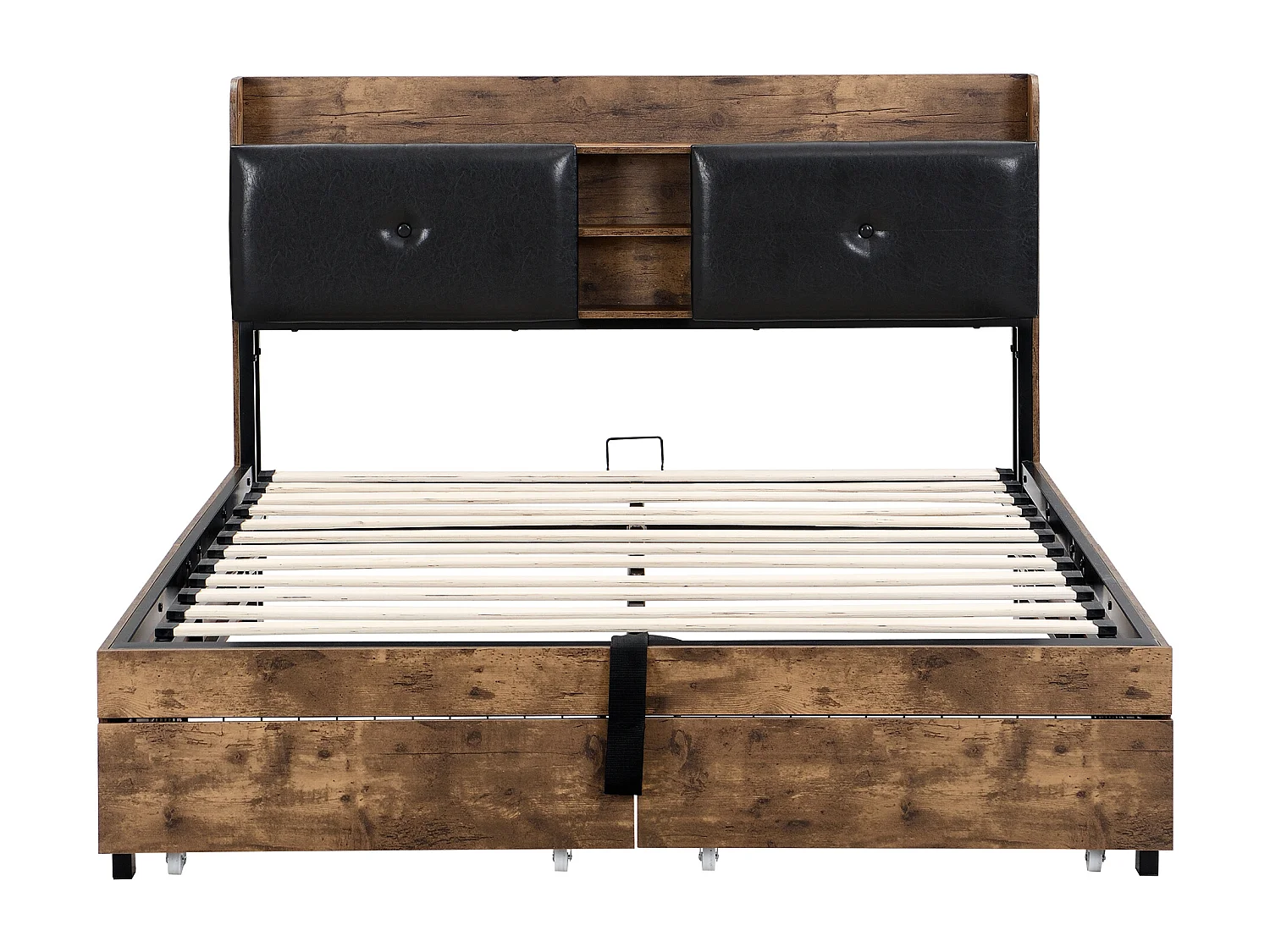 Lit en métal 140 x 200 cm avec tête de lit de rangement, 2 tiroirs et sommier à lattes en métal