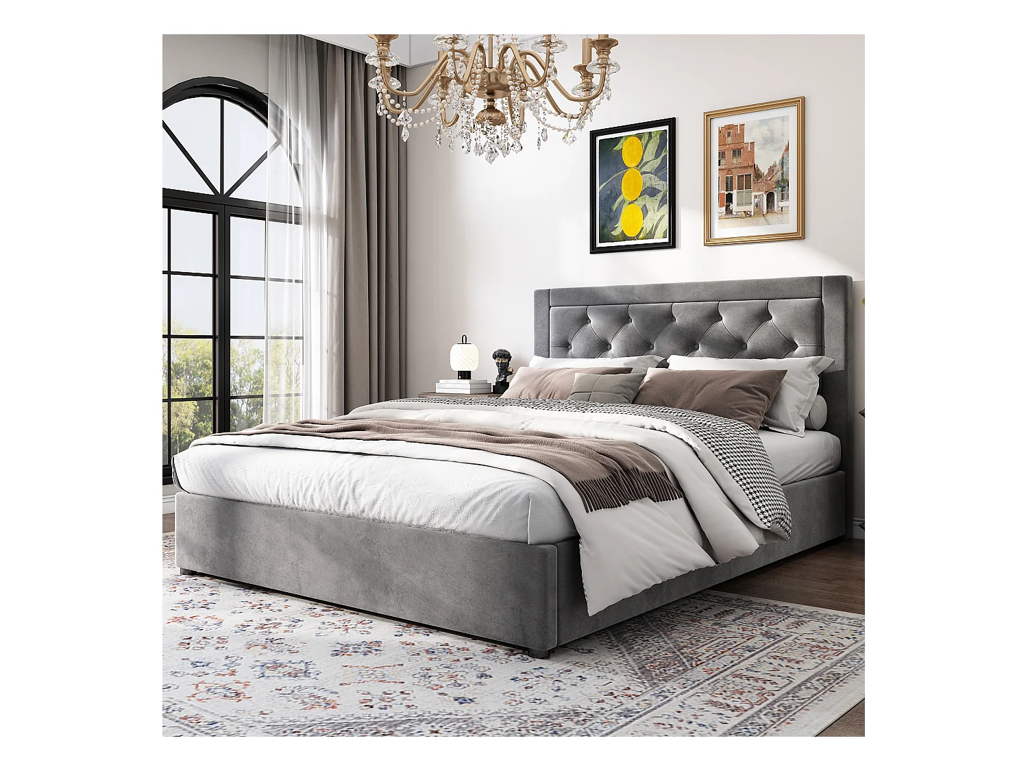 Lit rembourré 140×200 cm en velours gris avec rangement, tête de lit en mousse, style Chesterfield