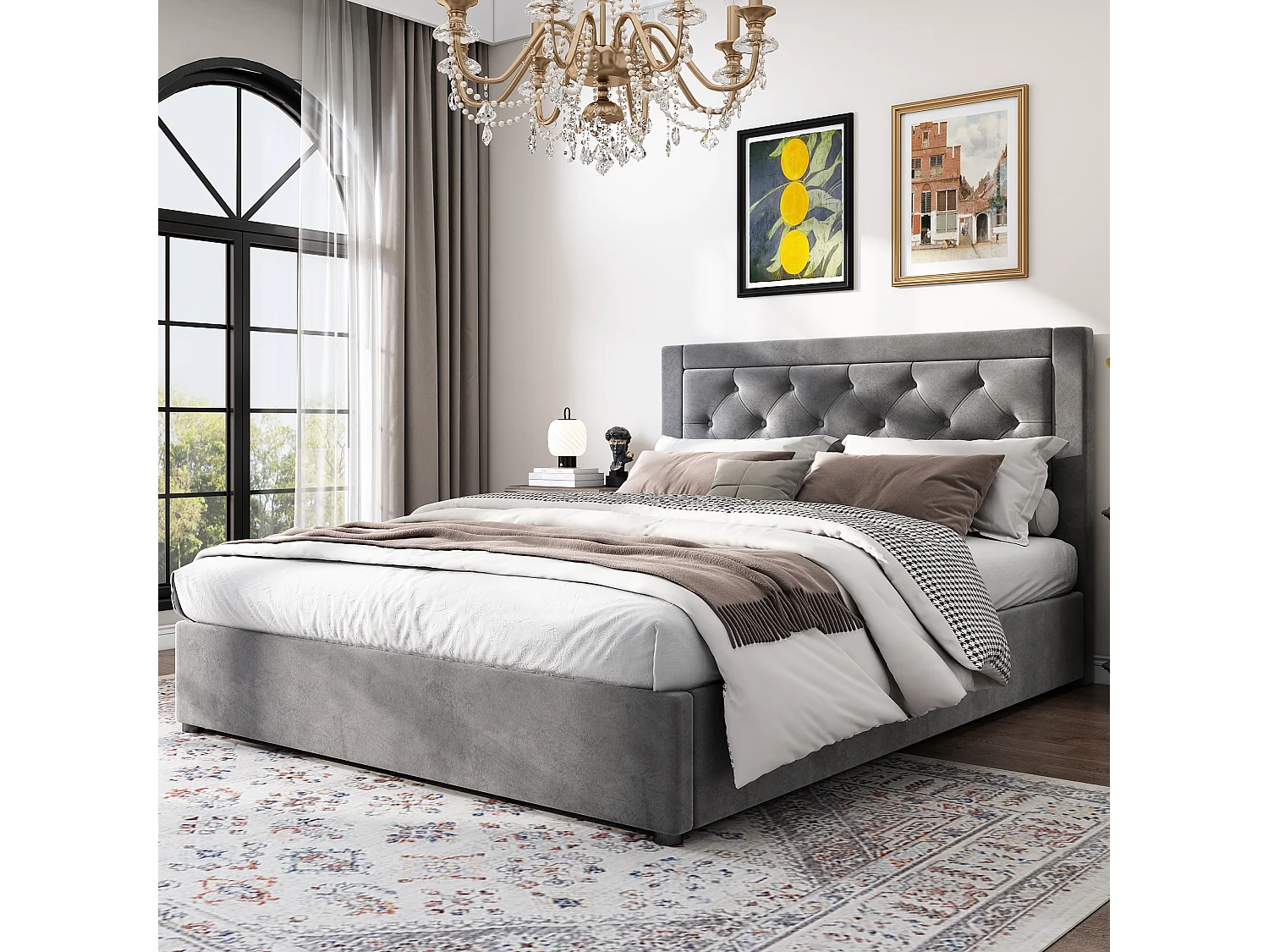 Lit rembourré 140×200 cm en velours gris avec rangement, tête de lit en mousse, style Chesterfield