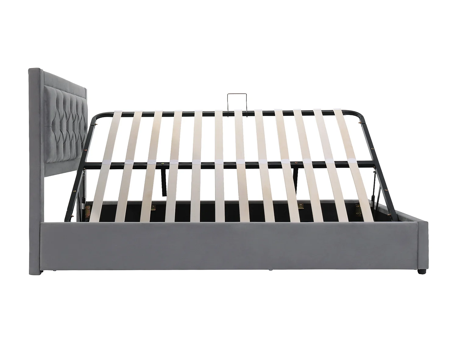 Lit rembourré 140×200 cm en velours gris avec rangement, tête de lit en mousse, style Chesterfield