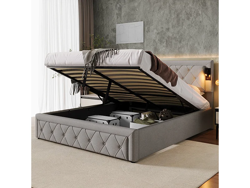 Lit rembourré 160×200 cm, avec éclairage LED et port USB, tête de lit en lin, structure hydraulique, rangement intégré