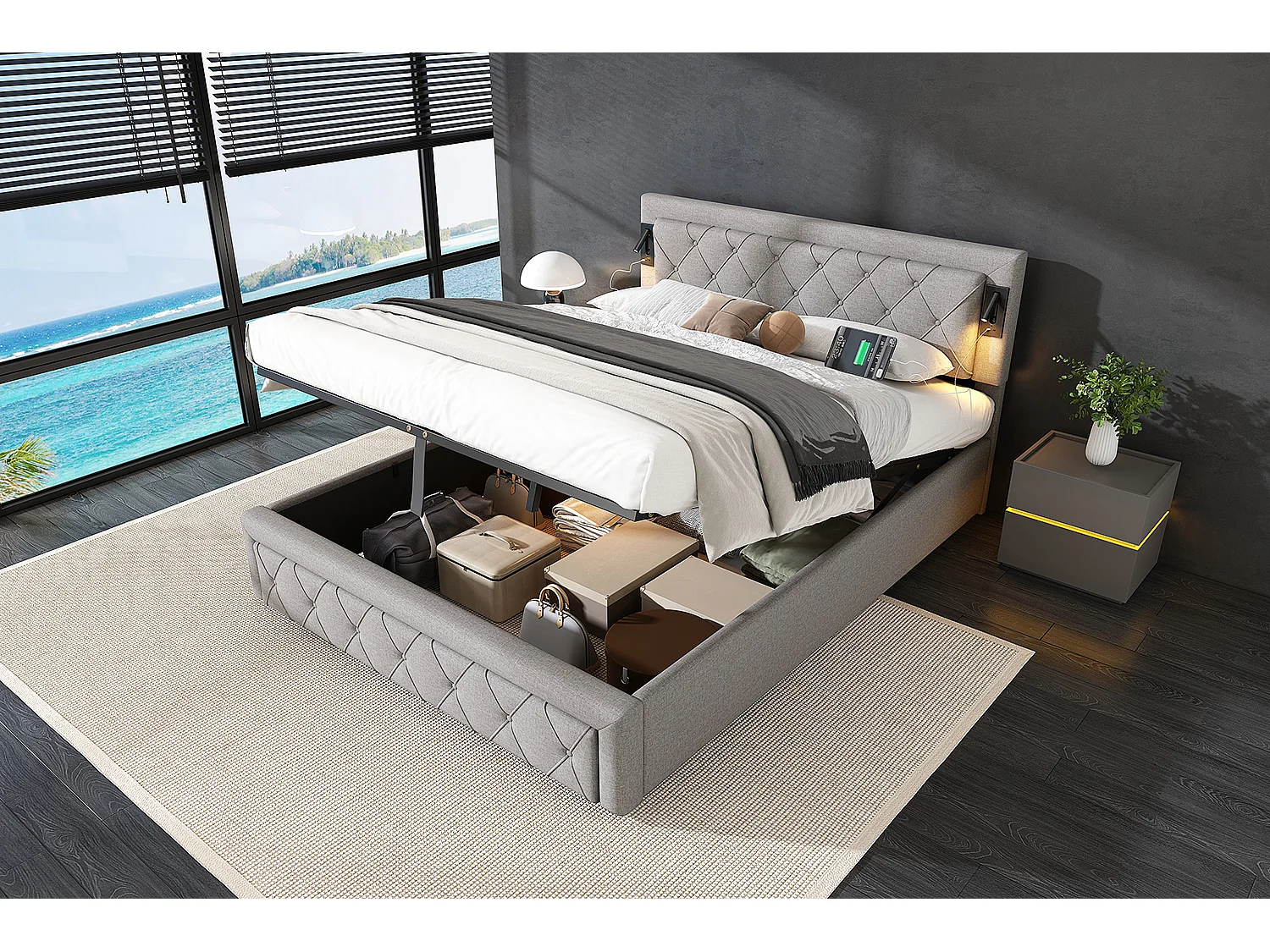 Lit rembourré 160×200 cm, avec éclairage LED et port USB, tête de lit en lin, structure hydraulique, rangement intégré