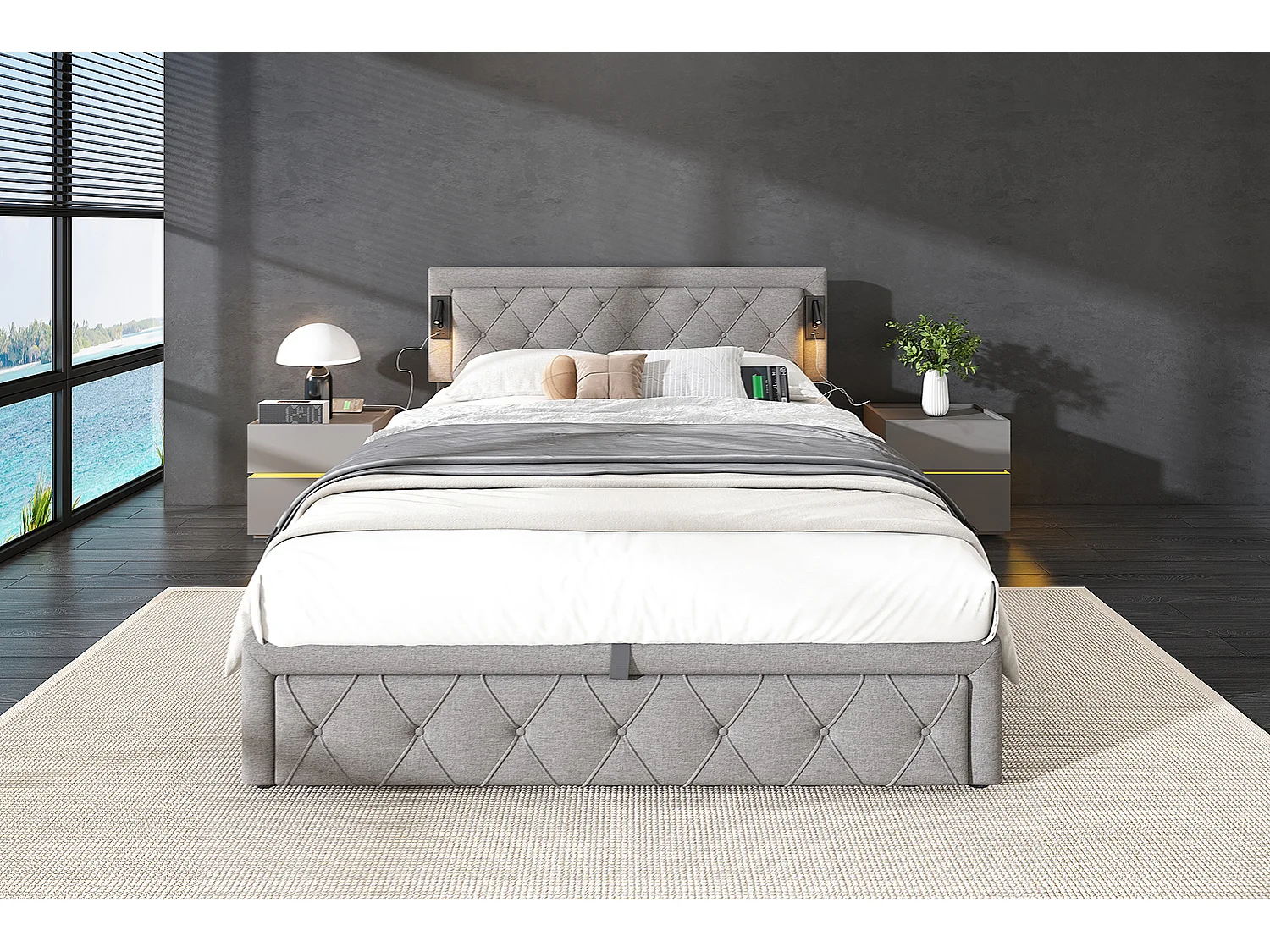 Lit rembourré 160×200 cm, avec éclairage LED et port USB, tête de lit en lin, structure hydraulique, rangement intégré