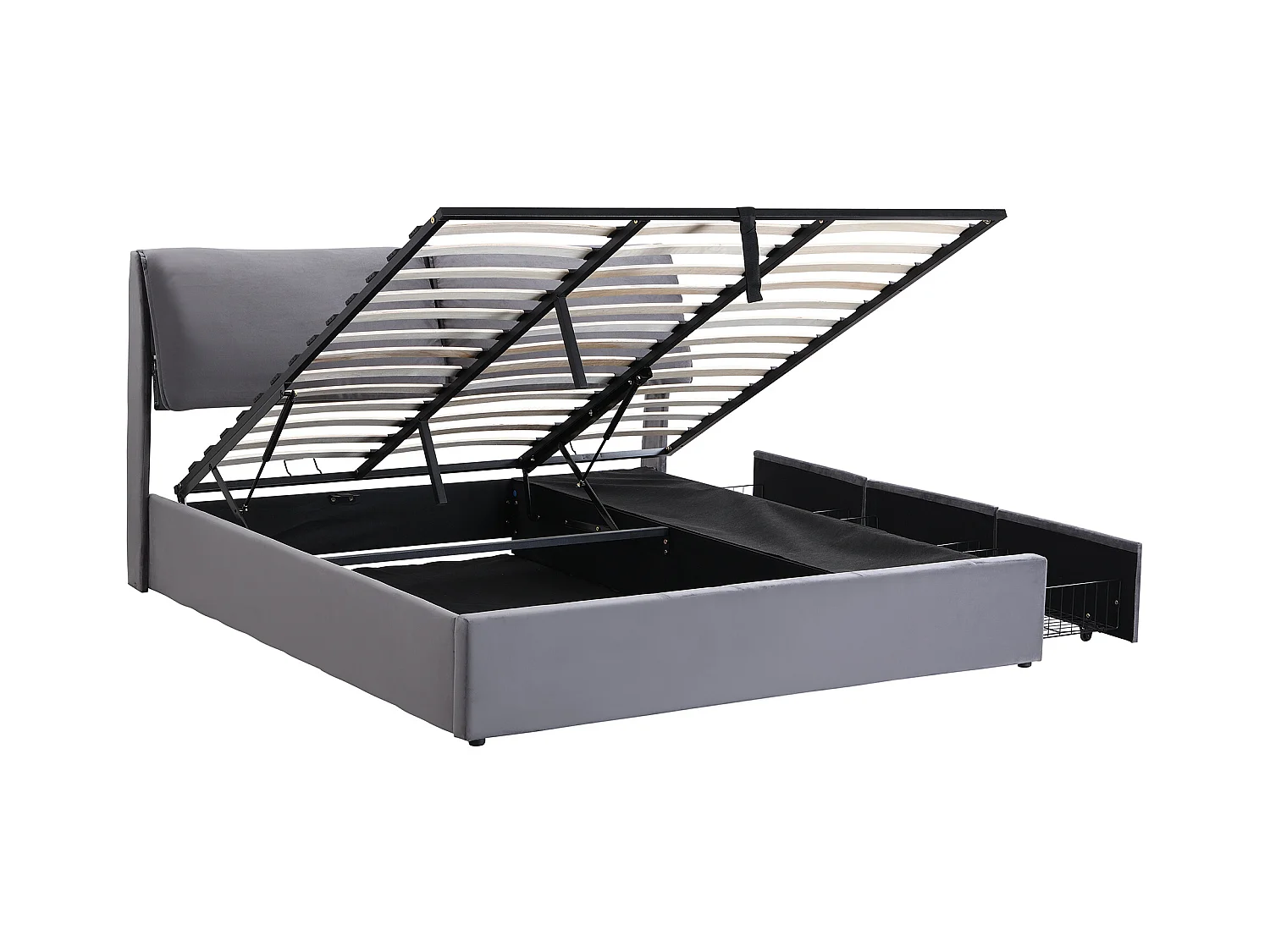 Lit rembourré 180×200 cm, gris, avec tête de lit réglable, trois tiroirs et coffre de rangement