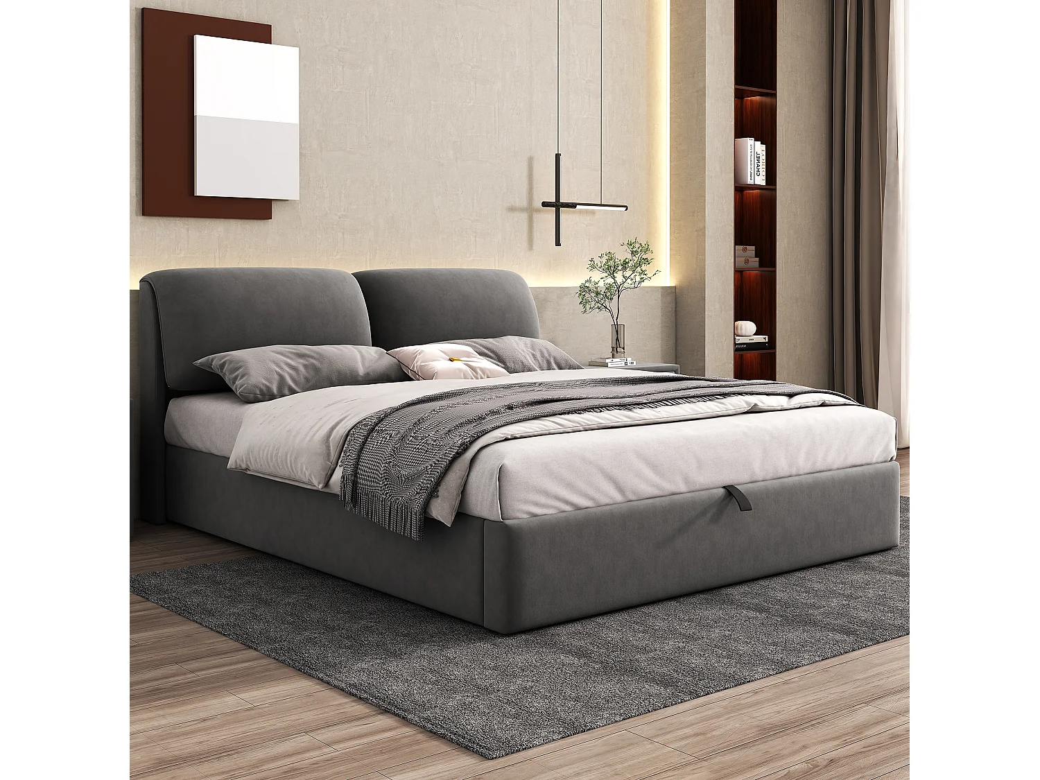 Lit rembourré 180×200 cm, gris, avec tête de lit réglable, trois tiroirs et coffre de rangement