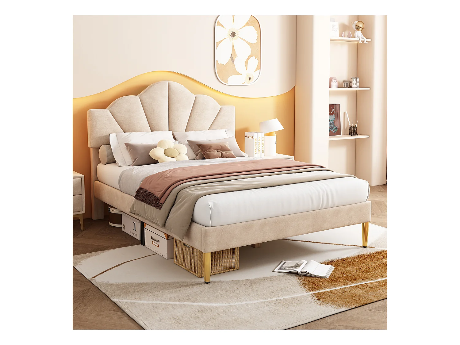 Lit en velours 140×200 cm, design élégant avec tête de lit réglable et pieds en fer doré