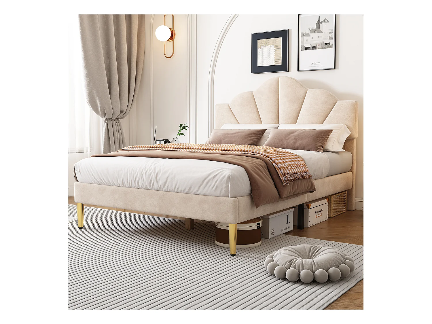 Lit en velours 140×200 cm, design élégant avec tête de lit réglable et pieds en fer doré