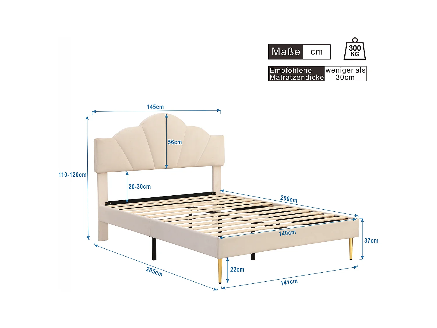 Lit en velours 140×200 cm, design élégant avec tête de lit réglable et pieds en fer doré