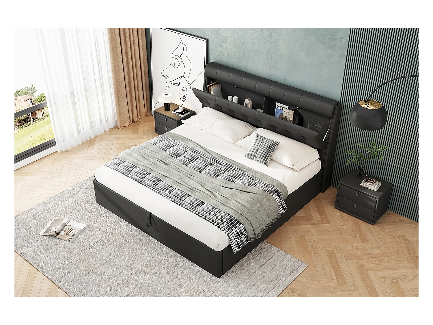 Lit rembourré élégant 160×200 cm, cadre de lit hydraulique avec rangement caché et tête de lit, noir