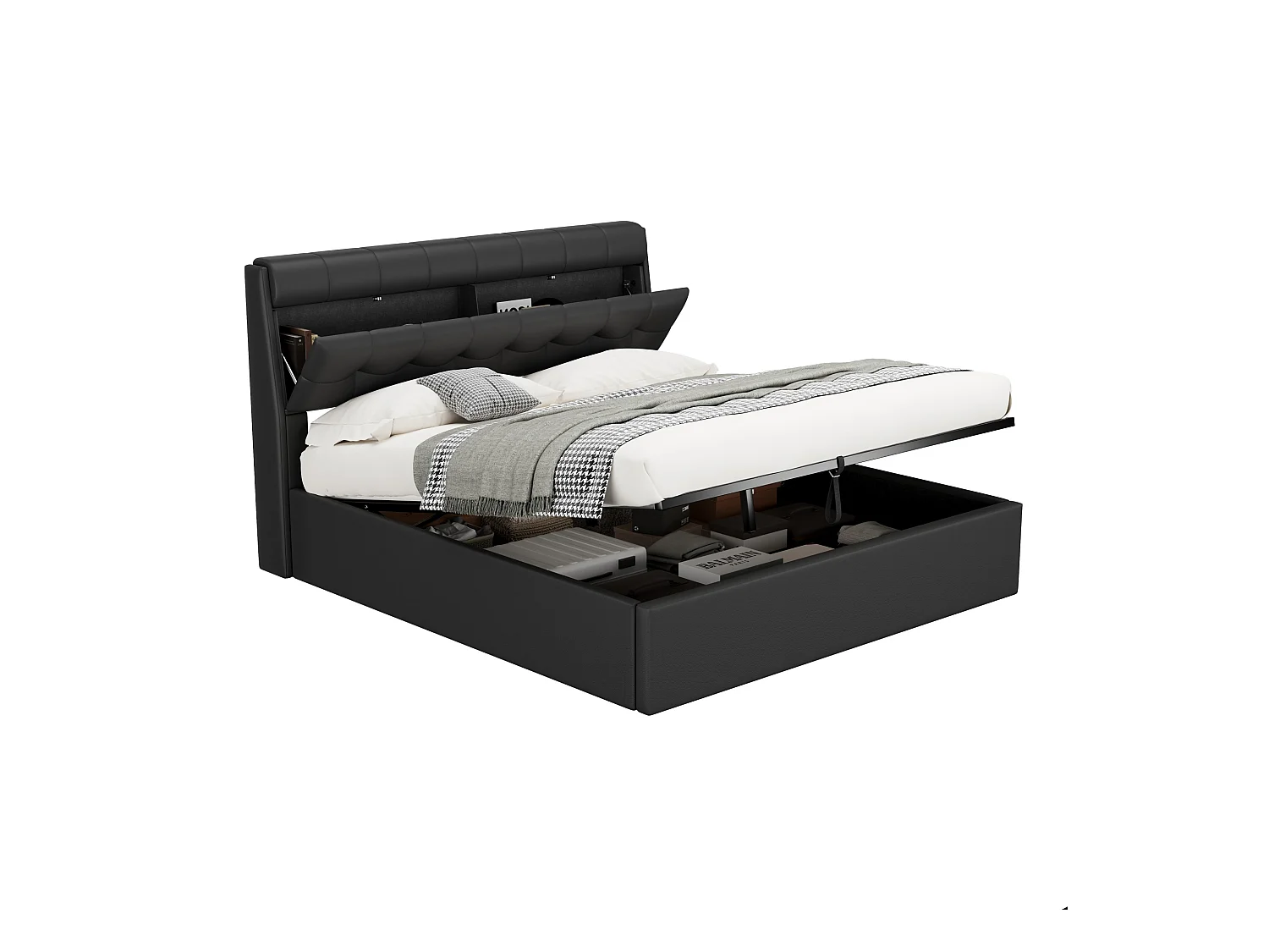 Lit rembourré élégant 160×200 cm, cadre de lit hydraulique avec rangement caché et tête de lit, noir