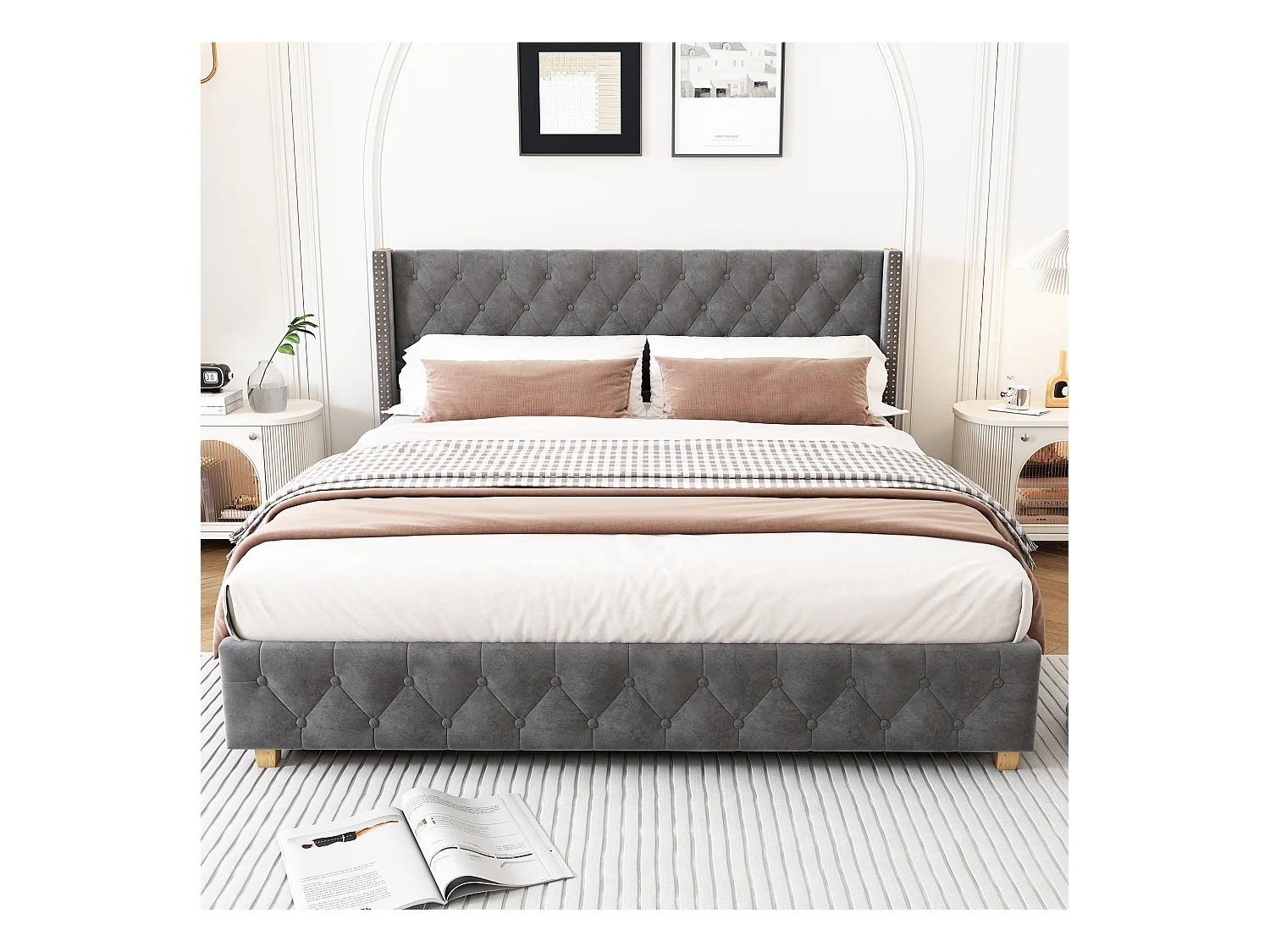 Lit rembourré 160×200 cm avec sommier, tête de lit en velours gris, boutons et clous décoratifs
