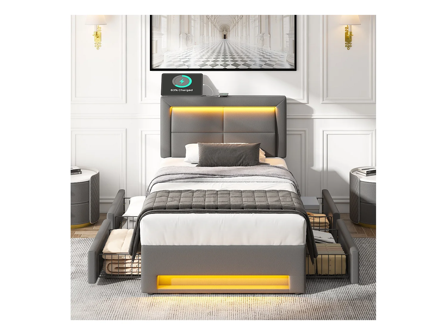 Lit rembourré 90x200 cm avec ports USB, éclairage LED et 4 tiroirs, sans matelas, gris