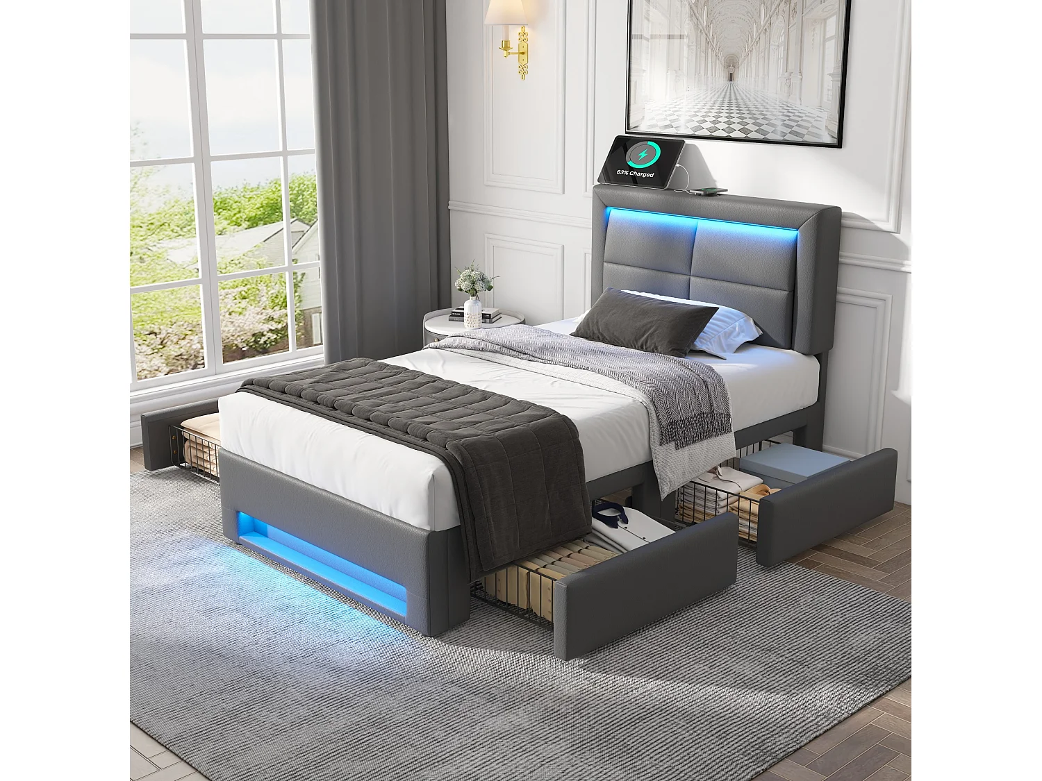 Lit rembourré 90x200 cm avec ports USB, éclairage LED et 4 tiroirs, sans matelas, gris