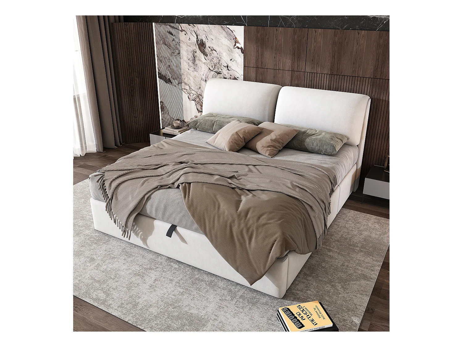 Lit rembourré 180×200 cm, beige, avec tête de lit réglable, trois tiroirs et coffre de rangement