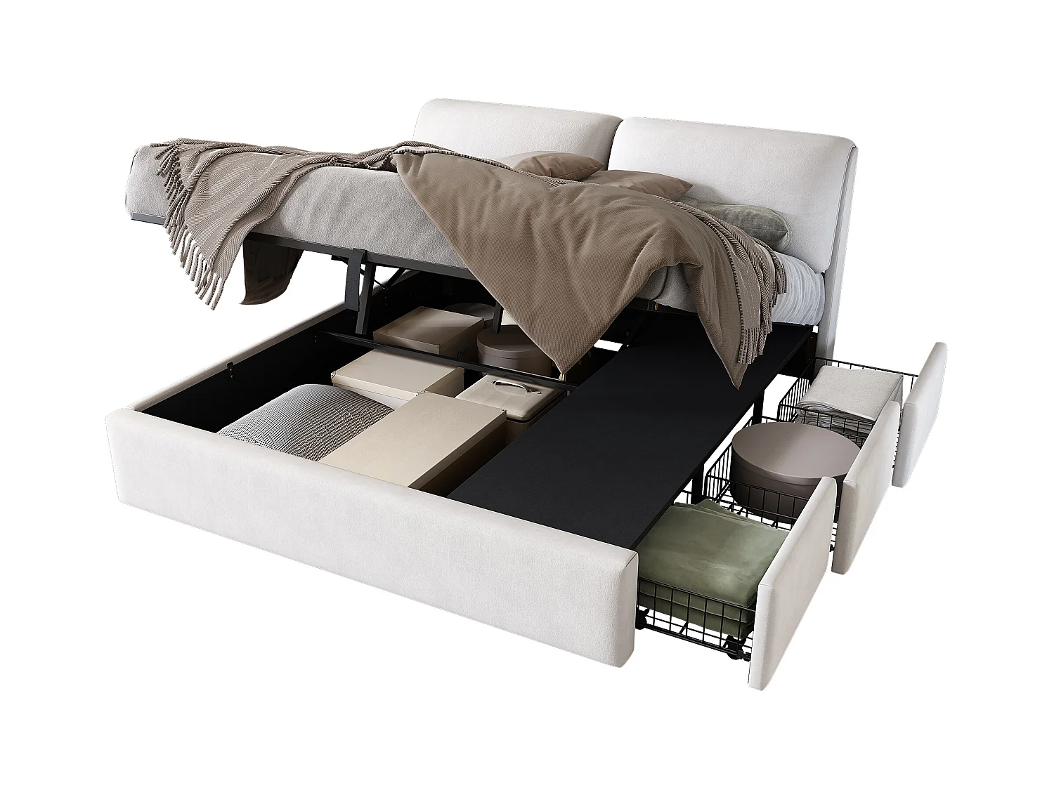 Lit rembourré 180×200 cm, beige, avec tête de lit réglable, trois tiroirs et coffre de rangement