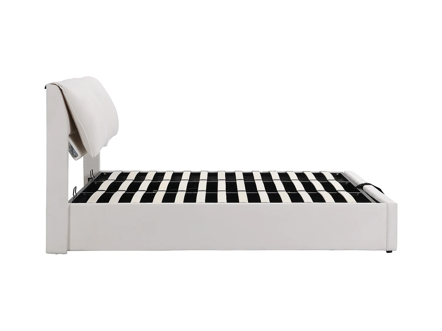 Lit rembourré 180×200 cm, beige, avec tête de lit réglable, trois tiroirs et coffre de rangement